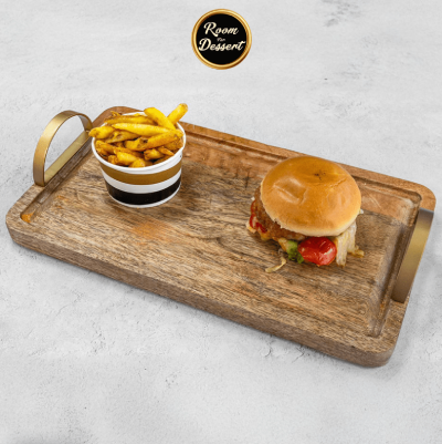 a juicy burger served with chips at room for dessert Glasgow