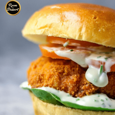 a chicken burger served at room for dessert Toryglens